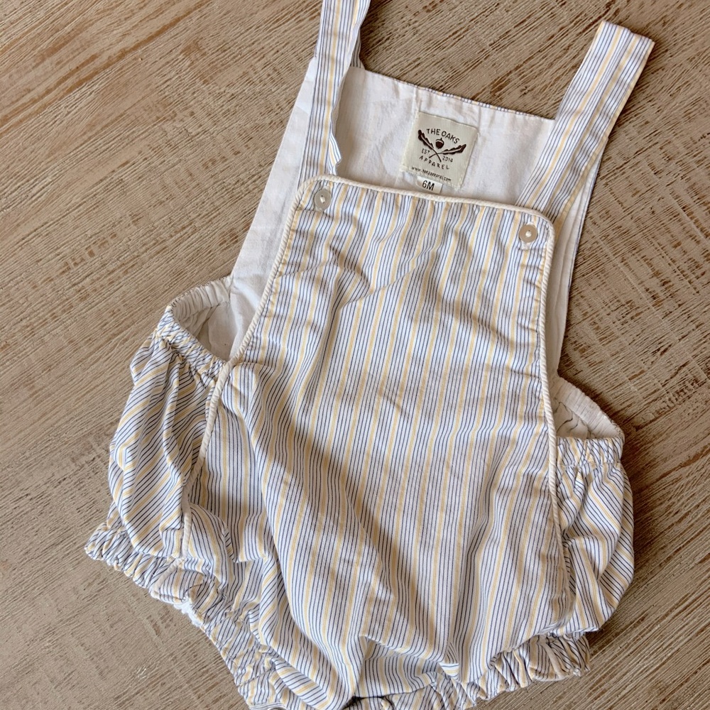 The Oaks Apparel navy and yellow striped romper size 6 months